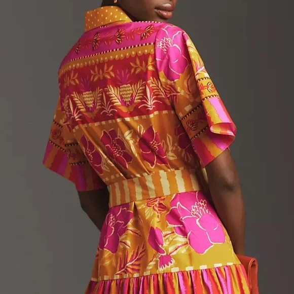 Farm Rio Button Front Tie Waist Midi Shirt Dress Anthropologie Pink Size XS NWT - Picture 4 of 7